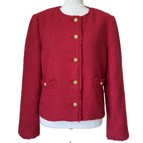 LOFT Jackets & Blazers - Loft | Red Fringe Tweed Collarless Lady Jacket